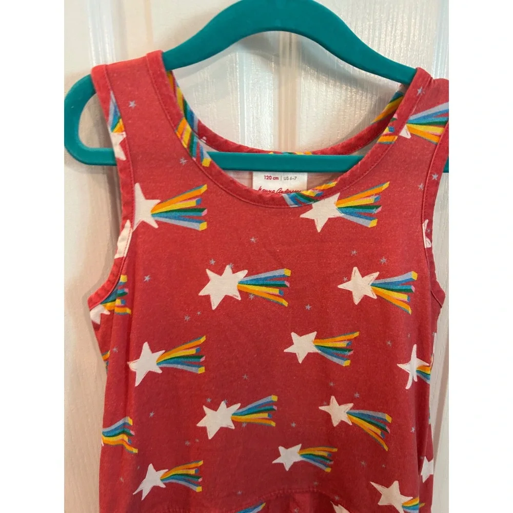 Hanna Andersson Dress Red Shooting Star Rainbow Tiered Ruffle Cotton Kids 6-7